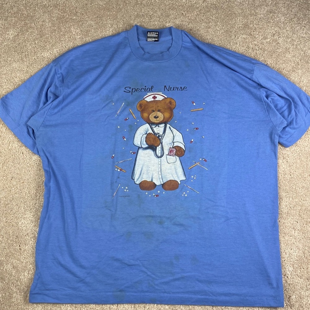 Vintage 90s Fruit of the Loom Special Nurse Teddy Bear Blue T-Shirt XXL USA Made